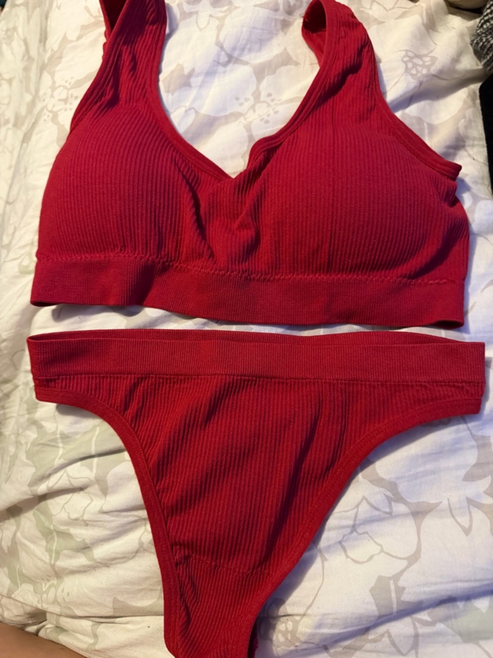 H&M Red Ribbed Bralette and Bikini Brief Set